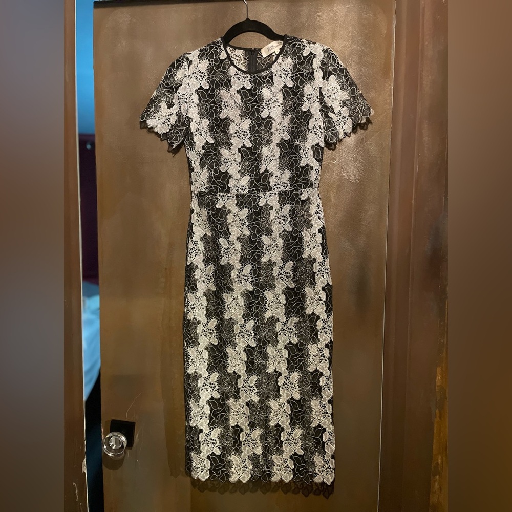 Diane Von Furstenberg Black and White Floral Lace Midi Dress with Black slip